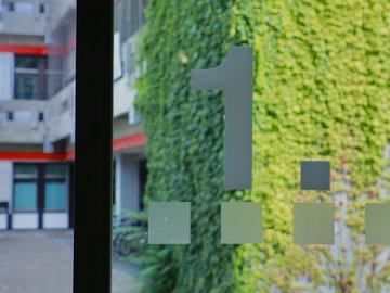 Blick durch ein Fenster auf ein Gebäude, dessen Fassade teilweise von Pflanzen bewachsen ist.