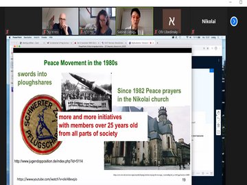 Online-Kooperationsseminar: Präsentation von Prof. Dr. Sabine Liebig (3.v.l.), Gastgeber war Dr. Nimrod Tal aus Tel Aviv (1.v.l.). Screenshot: PHKA