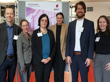 Beim Zukunftsforum Bildungsforschung 2024: (v.l.) Stefan Wörmann, Juliane Zeiser, Prof. Dr. Barbara Asbrand, Prof. Dr. Annettte Worth, Jun.-Prof. Dr. Sebastian Engelmann und Kerstin Aberle. Foto: PHKA