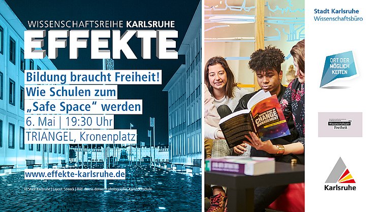 2025_05_06_EFFEKTE_Titelbild Neben dem Logo und Symbilbild der EFFEKTE-Reihe 2024-25 ist das Bild eines einer Gruppe Studierender zu sehen. die Person in der Mitte liest.