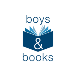 Das Logo ist ein weißer Kreis, mit einem blauen aufgeschlagenne buch in der Mitte, oberndrüber steht "boys", untendrunter "books", auf dem stilisierten Buch ist das "und"-Zeichen
