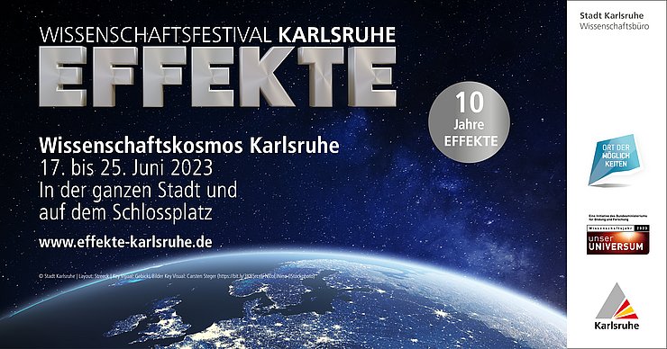 EFFEKTE Banner 10 Jahre Das EFFEKTE Logo und die Daten zum Festival vor einem Sternenhimmel und einer abgeschnittenene Erdhalbkugel, rechts ein grauer Kreis mit "10 Jahre"