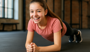 Muskuläre Fitness Ein etwa 10-12-jähriges Mädchen in Sportkleidung stützt sich auf Ihre ellenbogen und Fußzehen