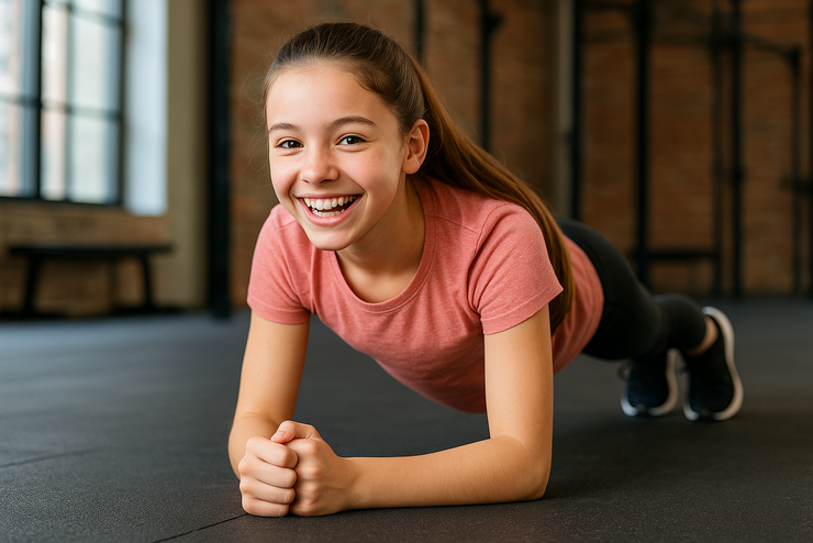 Muskuläre Fitness Ein etwa 10-12-jähriges Mädchen in Sportkleidung stützt sich auf Ihre ellenbogen und Fußzehen