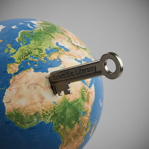 Ein Schlüssel mit der Aufschrift Scintific Literacy steckt in einer Weltkugel.